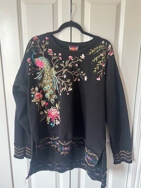 Johnny Was Black Sweatshirt with Peacock Embroidery Boho style